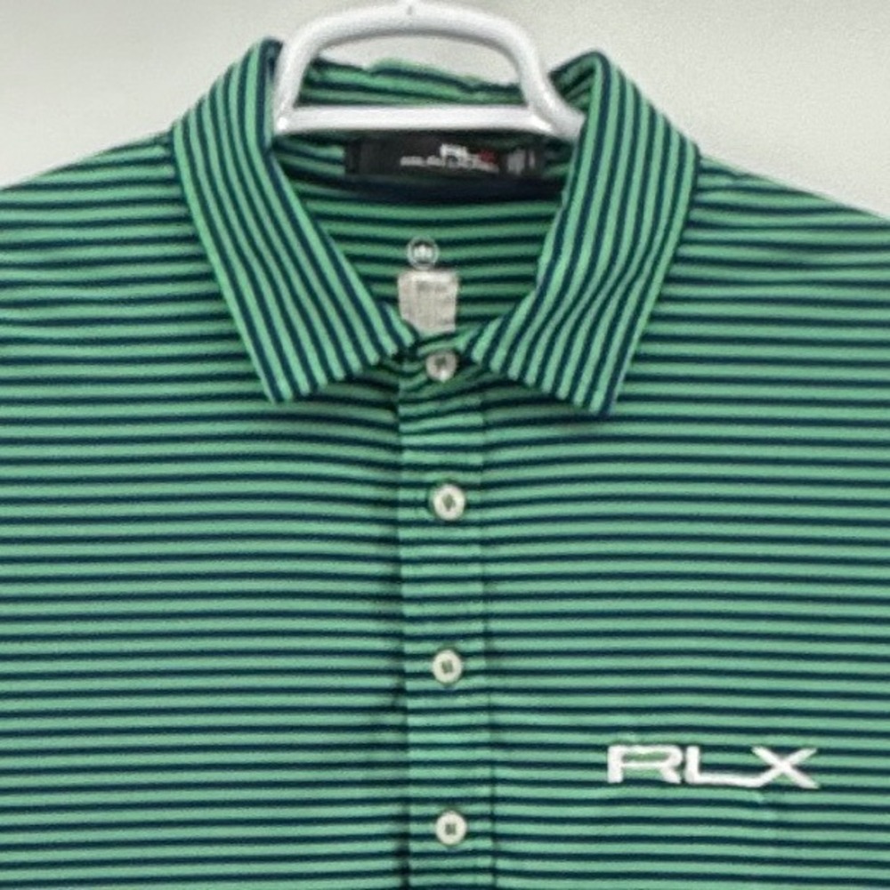 RLX Ralph Lauren Mens Green Navy Striped Golf Polo Shirt RSM Logo Size Large